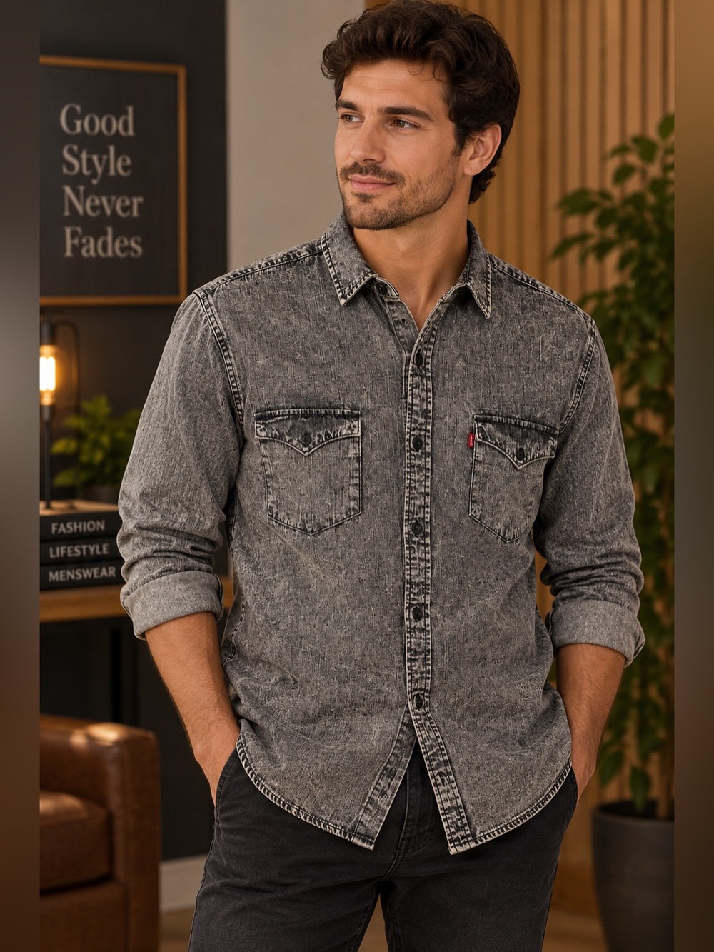 Levi’s Men’s Gray Black Acid Wash Denim Button Down Shirt XL Like New